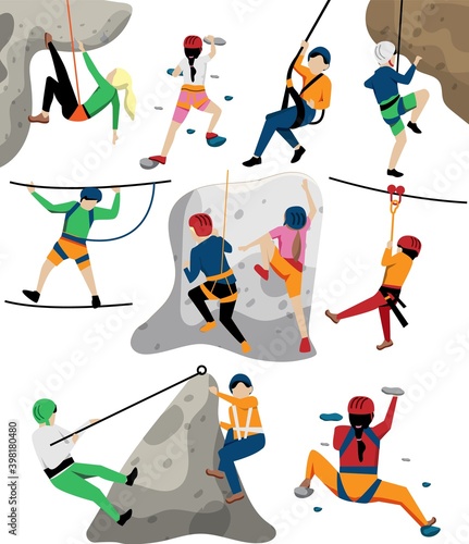 Kid climbing on artificial rock wall, training in rope-park. Brave fearless children climber enjoy active extreme sport bouldering hobby and vector illustration isolated on white background
