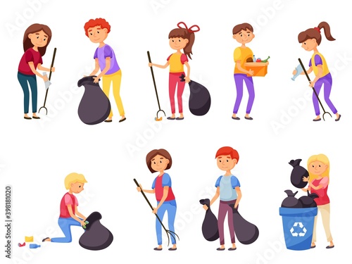 People volunteer collecting garbage and waste for recycling. Pupil student engaged in volunteering, charity social movement for environment protection vector illustration isolated on white background