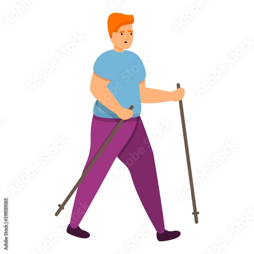 Fat boy nordic walking icon. Cartoon of fat boy nordic walking vector icon for web design isolated on white background