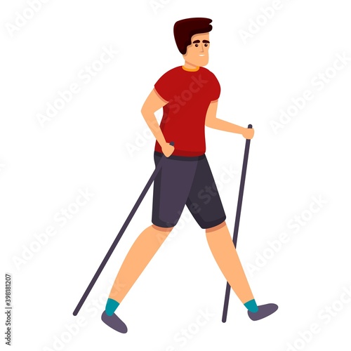 Smiling boy nordic walking icon. Cartoon of smiling boy nordic walking vector icon for web design isolated on white background