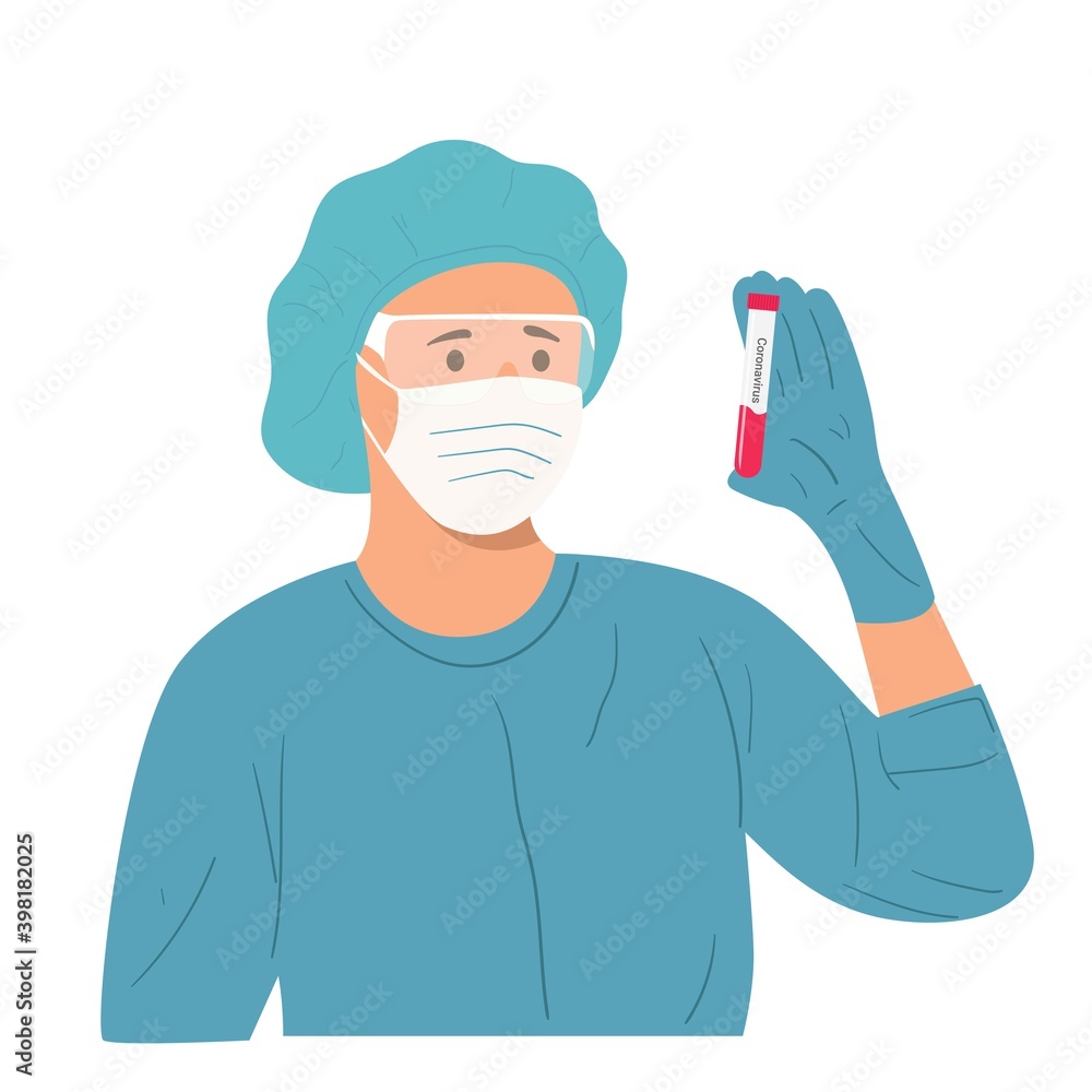 Nurse in medical cap, mask and goggles holding test tube with lettering coronavirus. Nurse in medical cap, mask and goggles holding test tube with lettering coronavirus.