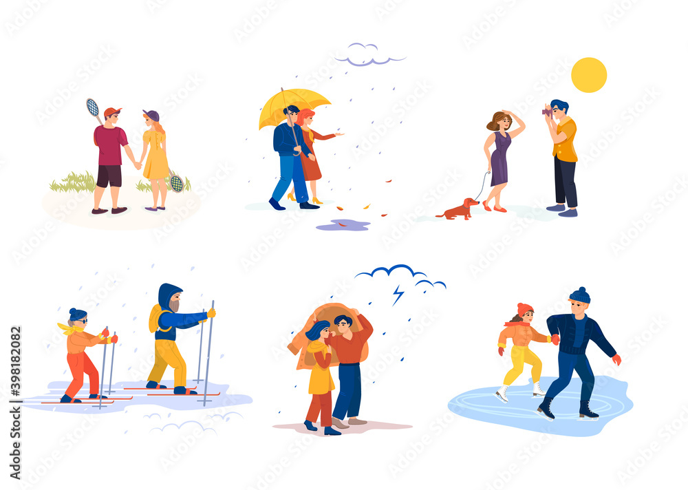 Сouple walking at different times of year at various weather. Man and woman walking autumn in rain, winter in snowfall, summer heat, wind, thunderstorm. Family go in for sports, relax, walk dog