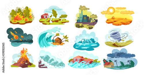 Natural disasters set. Wild landscape volcanic eruption, earthquake, tsunami, snow avalanches, landslides, floods, tropical cyclones, tornadoes, falling meteorites, forest fires, drought
