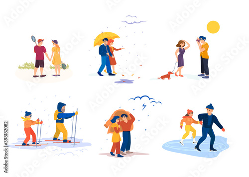 Сouple walking at different times of year at various weather. Man and woman walking autumn in rain, winter in snowfall, summer heat, wind, thunderstorm. Family go in for sports, relax, walk dog