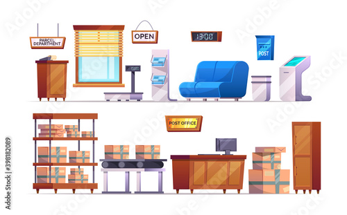 Post office interior with furniture, warehouse. Delivery service elements stuff, furniture, postbox, correspondence, terminal, parcels on shelves, conveyor, reception, trash bin, belt scales