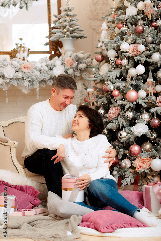 An adult couple a man and a woman sitting by the Christmas tree give gifts to meet the new year. An adult couple a man and a woman sitting by the Christmas tree give gifts to meet the new year.