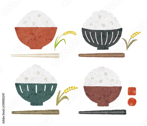 茶碗とご飯とお箸と稲水彩
