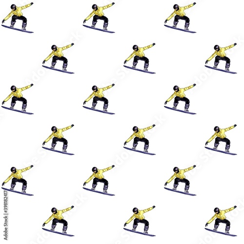 Vector seamless pattern of a snowboarder. A quick sketch of an athlete who goes snowboarding in winter in the mountains. Multicolor drawing of a snowboarder on a board in flight