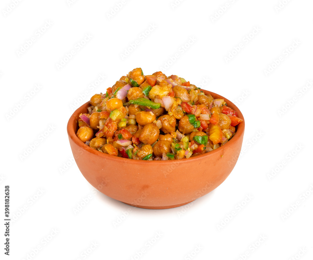 Indian Street Breakfast Chana Chaat Also Know as Chana Masala, Chola Chana Chaat, Chola Masala, Chickpea Masala, Black Chickpea Chaat or Kala Chana Chat on White Background Indian Street Breakfast Chana Chaat Also Know as Chana Masala, Chola Chana Chaat, Chola Masala, Chickpea Masala, Black Chickpea Chaat or Kala Chana Chat on White Background