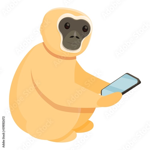 Gibbon with smartphone icon. Cartoon of gibbon with smartphone vector icon for web design isolated on white background