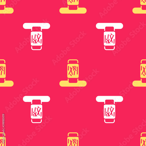 Yellow Cat scratching post with toy icon isolated seamless pattern on red background. Vector.