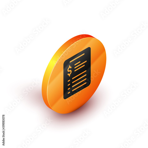 Isometric Grooming salon price list icon isolated on white background. Orange circle button. Vector.