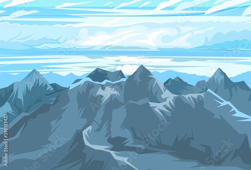 Mountain range with cliffs, rocks and peaks. Sky with clouds. Landscape. Illustration vector