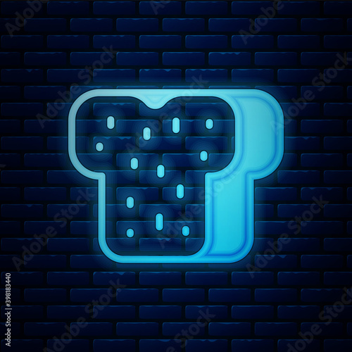 Glowing neon Bread toast for sandwich piece of roasted crouton icon isolated on brick wall background. Lunch, dinner, breakfast snack. Vector.