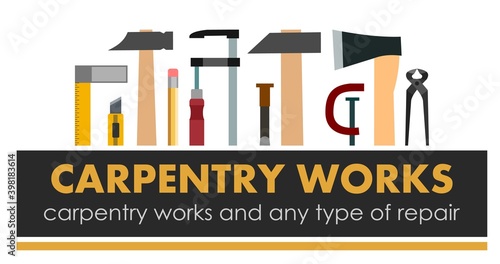 Carpentry works. Any type of repair. Logo of handyman services. Carpenter. Hand tools of universal workshop. Home repair service. Woodworking carpentry shop. Foreman of woodworks. Isolated.