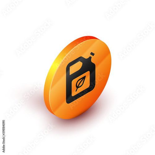 Isometric Bio fuel canister icon isolated on white background. Eco bio and barrel. Green environment and recycle. Orange circle button. Vector.
