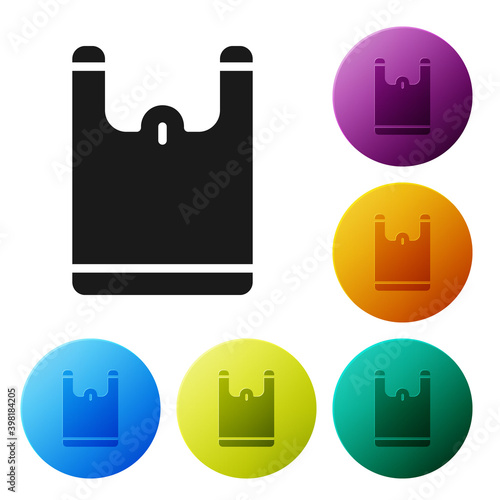 Black Plastic bag icon isolated on white background. Disposable cellophane and polythene package prohibition sign. Set icons in color circle buttons. Vector.
