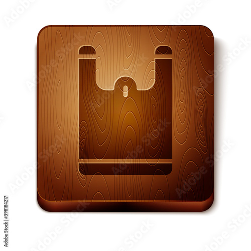 Brown Plastic bag icon isolated on white background. Disposable cellophane and polythene package prohibition sign. Wooden square button. Vector.