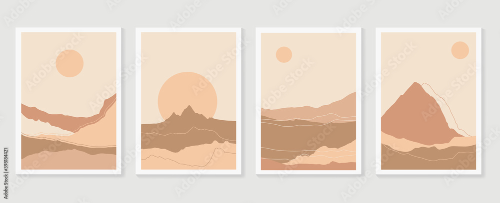 Mountain wall art vector set. Earth tones landscapes backgrounds set with moon and sun.  Abstract Plant Art design for print, cover, wallpaper, Minimal and  natural wall art. Vector illustra