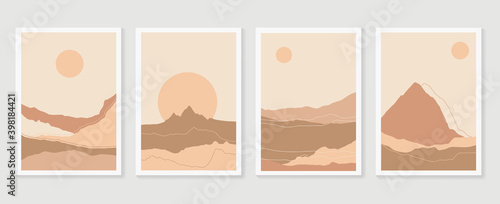Mountain wall art vector set. Earth tones landscapes backgrounds set with moon and sun.  Abstract Plant Art design for print, cover, wallpaper, Minimal and  natural wall art. Vector illustra