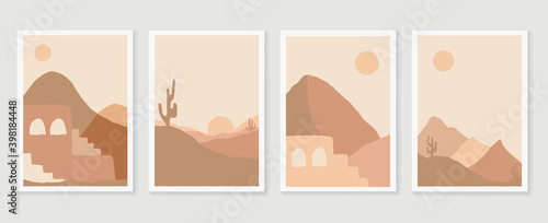 Desert illustration minimal wall arts design vector. Collection of mountain and landscape of oasis town desert sand and giant saguaro cactus sunset hand drawn digital arts for print and wallpaper.