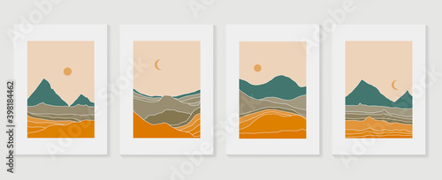 Mountain wall art vector set. Earth tones landscapes backgrounds set with moon and sun.  Abstract Plant Art design for print, cover, wallpaper, Minimal and  natural wall art. Vector