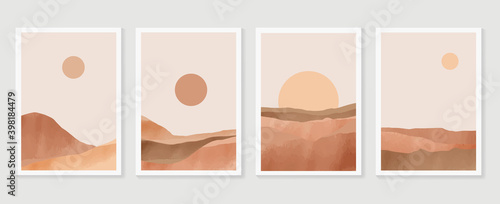 Mountain wall art vector set. Earth tones landscapes backgrounds set with moon and sun.  Abstract Plant Art design for print, cover, wallpaper, Minimal and  natural wall art. Vector illustra