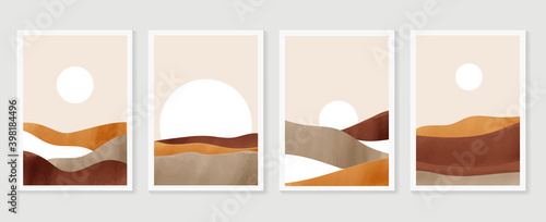 Mountain wall art vector set. Earth tones landscapes backgrounds set with moon and sun. Abstract Plant Art design for print, cover, wallpaper, Minimal and natural wall art. Vector illustra