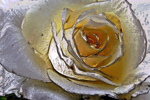 Ilustración en relieve de una gran rosa blanca con tonos dorados en los pétalos centrales. Fondo floral con efecto metálico. (ID: 398184603)