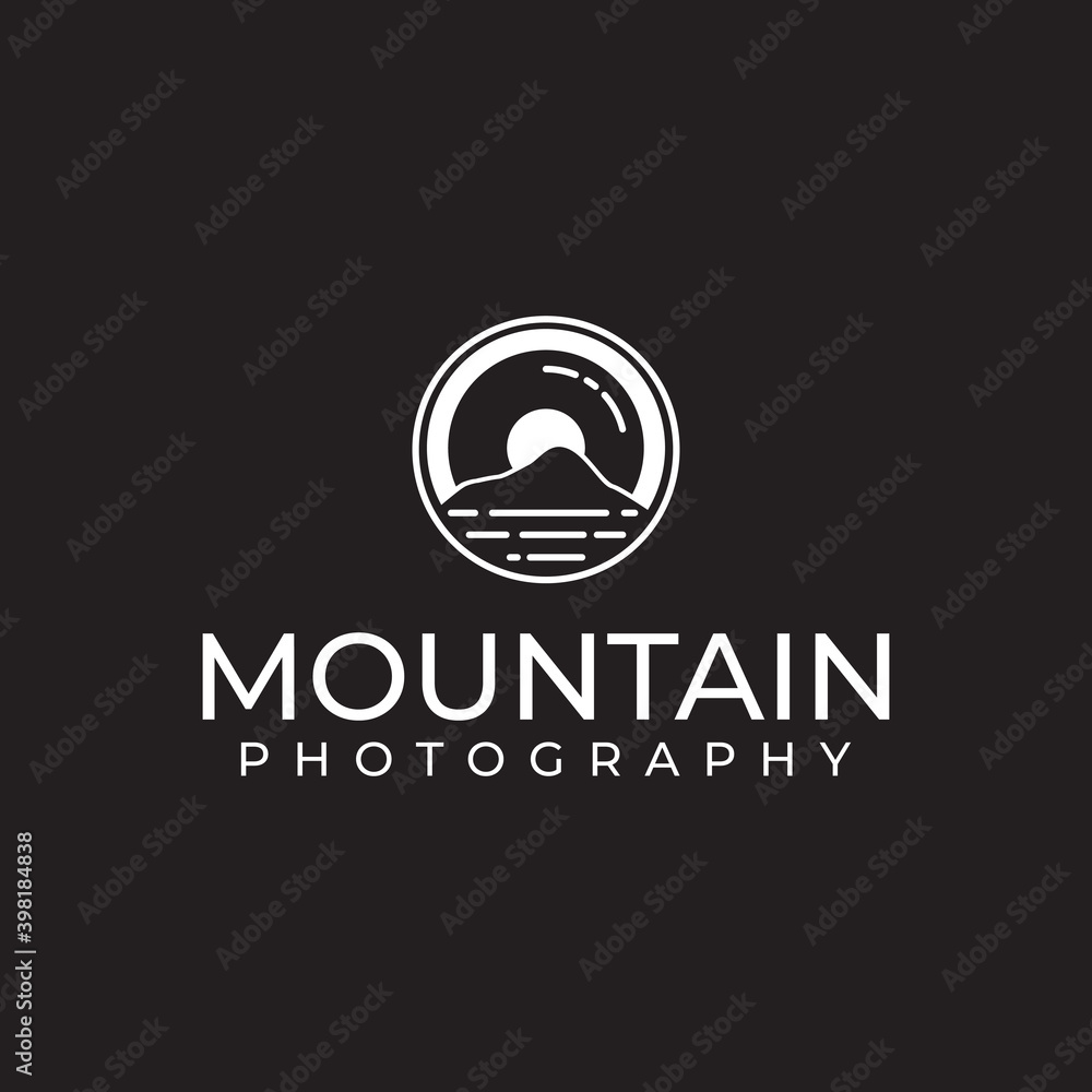 lens and mountain for outdoor adventure nature photography photographer logo design