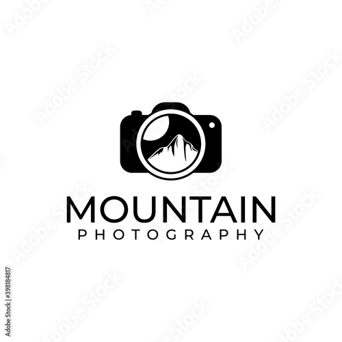lens and mountain for outdoor adventure nature photography photographer logo design