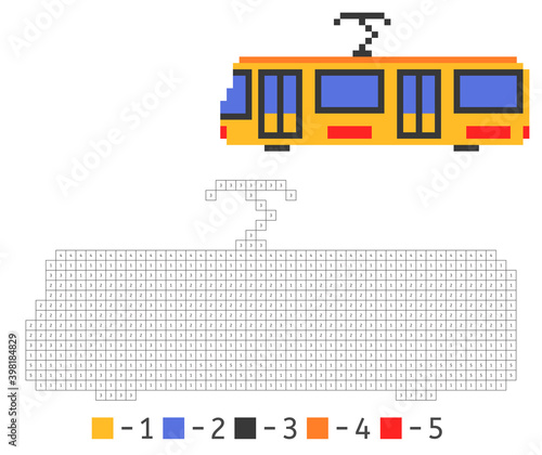 Color tram in pixel art. Educational coloring for children. Cell coloring. Vector stock illustration.