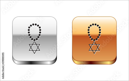 Black Star of David necklace on chain icon isolated on white background. Jewish religion symbol. Symbol of Israel. Jewellery and accessory. Silver-gold square button. Vector.