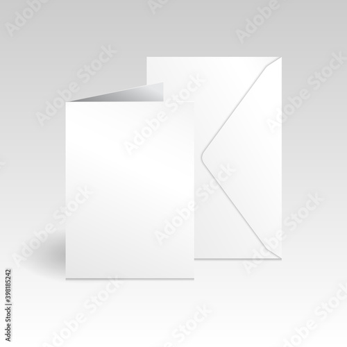 White vertical greeting card and envelope mockup template. Isolated on light gradient gray background with shadow.