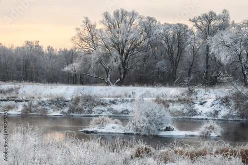 Foggy morning. There is fog on the river. Frost on tree branches and grass.