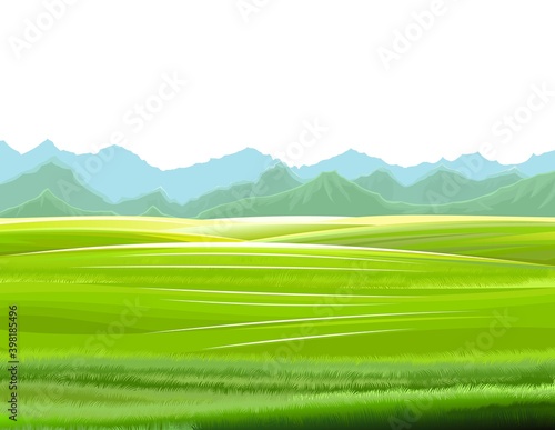Hills and meadows. Haymaking in pastures. Agricultural land. Green grass. Mountains in the distance. Beautiful rural landscape. Isolated over white background. Vector