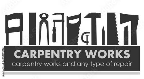 Carpentry works. Any kind of repair. Handyman services logo. A carpenter. Monochrome black silhouette. Home repairs. Shop of joinery. Wood foreman. Isolated.