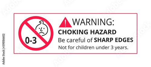 Choking hazard forbidden sign sticker not suitable for children under 3 years isolated on white background vector illustration. Warning triangle, sharp edges and small parts danger circle prohibition.