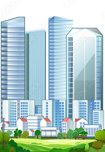 A suburb of a big city. Cityscape. High-rise buildings, skyscrapers and high-rise buildings. Green parkland and farm fields. Flat style. Plots of land on the outskirts of the city. Isolated. Vector