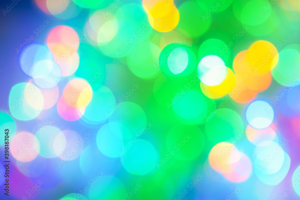 Colorful bokeh background. Christmas or New Year holiday card template.