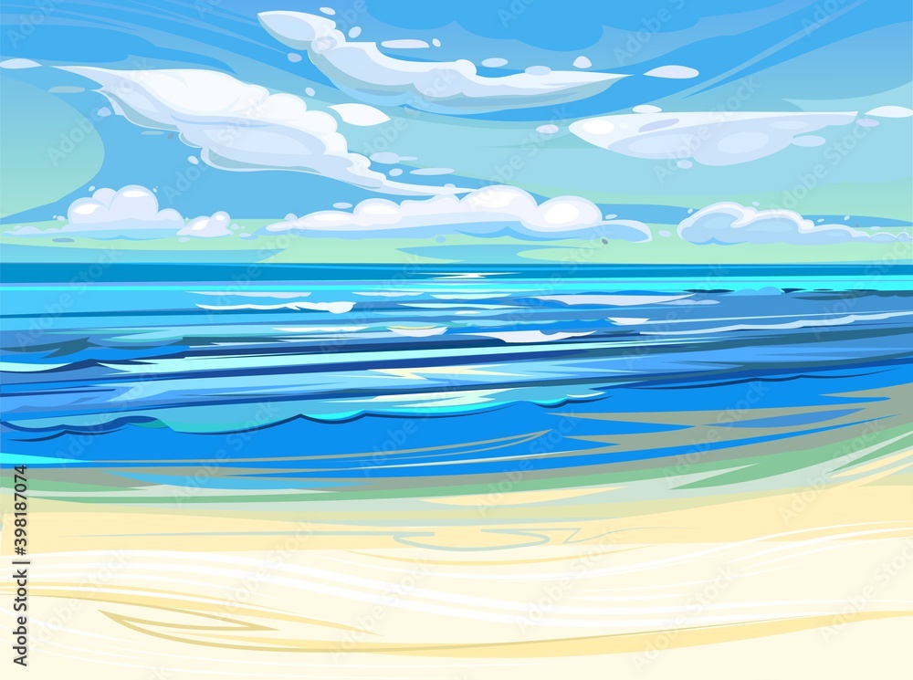 Obraz premium Sea coastal landscape. Flat style illustration. Sandy beach in the ocean, summer sky and distant horizon. Vector