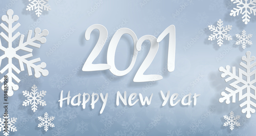 2021 Happy New Year. Christmas winter background for banner, greeting card, poster. Realistic paper cutouts font and snowflakes. Translation from Russian Happy New Year