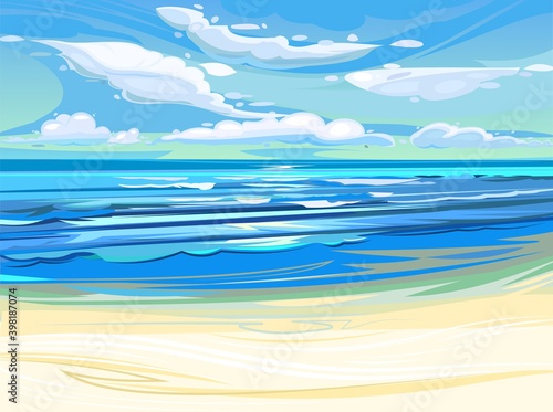 Sea coastal landscape. Flat style illustration. Sandy beach in the ocean  summer sky and distant horizon. Vector