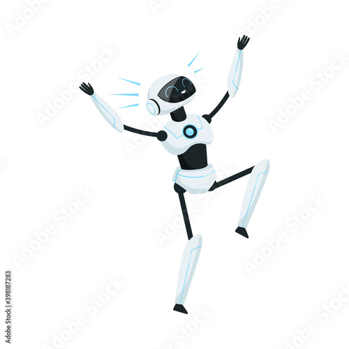 Modern Humanoid or Robotic Device with Iron Limbs Jumping with Joy Vector Illustration