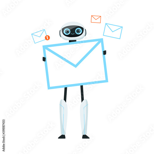 Modern Humanoid or Robotic Device with Iron Limbs Holding Letter Envelope Vector Illustration