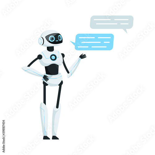 Modern Humanoid or Robotic Device with Iron Limbs Sending Message and Communicating Vector Illustration