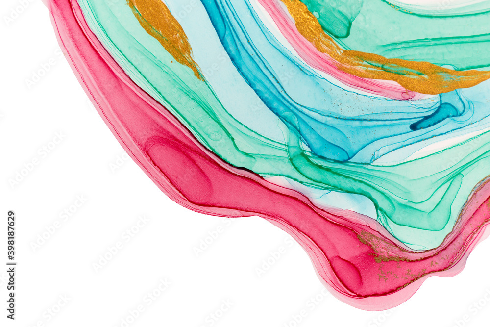Abstract layers of pink paint on white background. Pink, green, blue and gold watercolor pattern. Abstract layers of pink paint on white background. Pink, green, blue and gold watercolor pattern.
