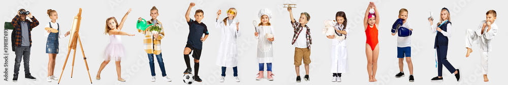 children dream of the future. Little child girl and boy want to become football player, ballerina, doctor, scientist, chef, tailor, artist, swimmer, gardener, boxer or pilot. children dream of the future. Little child girl and boy want to become football player, ballerina, doctor, scientist, chef, tailor, artist, swimmer, gardener, boxer or pilot.