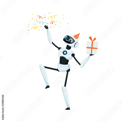 Humanoid or Robotic Device with Iron Limbs Celebrating Birthday Vector Illustration