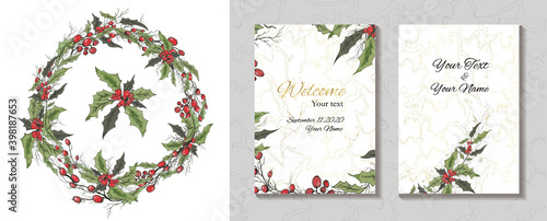 hand-drawn greeting card, an invitation made of flowers isolated on a white background. realistic Botanical bouquets,  of  flowers ( Holly). for postcards, invitations, holidays. vintage style